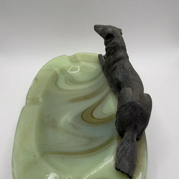 Art Deco Green Slag Uranium Glass Ashtray with Metal Borzoi Dog - 1920s Vintage - Picture 4 of 8